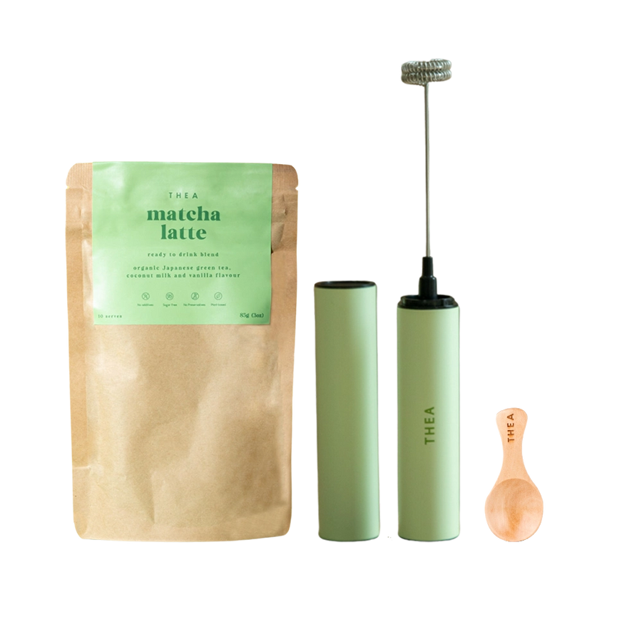 Matcha Latte Bundle Thea NZ with spoon and frother