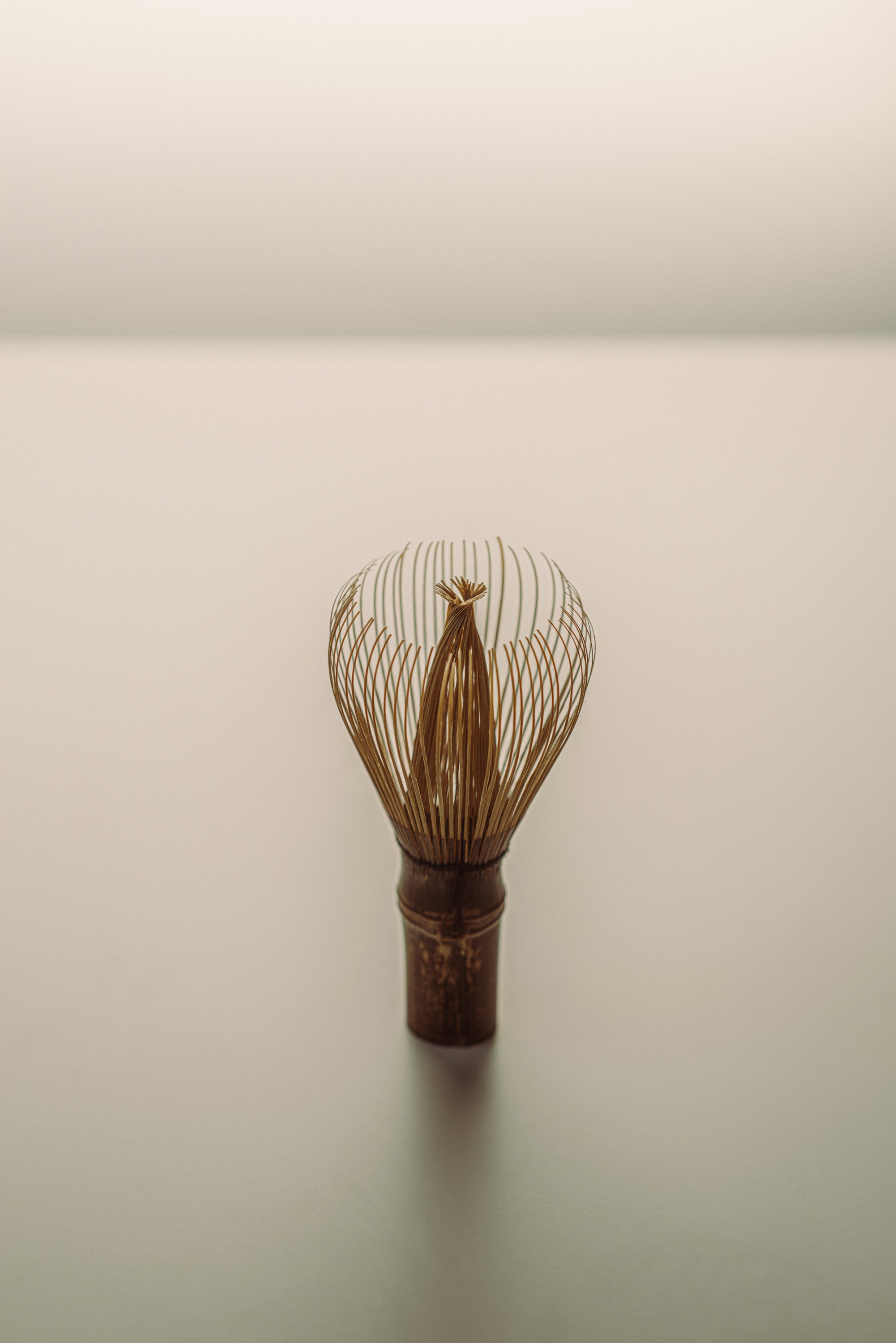 A traditional Japanese matcha whisk, also known as a chasen featuring a dark brown wooden handle and fine metallic gold wire prongs, standing upright on a neutral light gray surface.