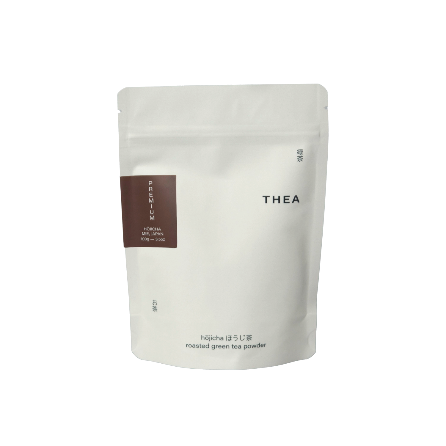 White pouch of THEA hojicha roasted green tea powder on a white background 100g