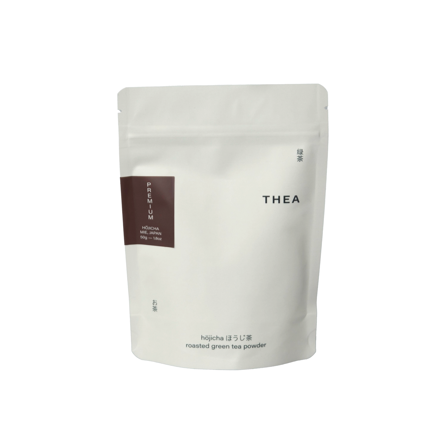 White pouch of THEA hojicha roasted green tea powder on a white background 50g